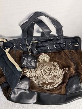 Juicy Couture Brown and Black Suede Shoulder Bag with Embroidered Crest